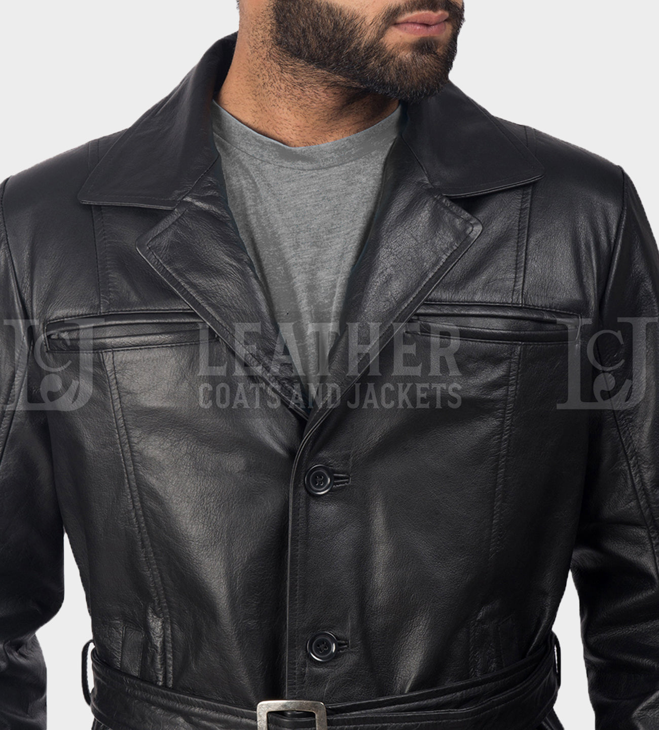 Jordan Men's Black Leather Belted Coat with Chest Pockets