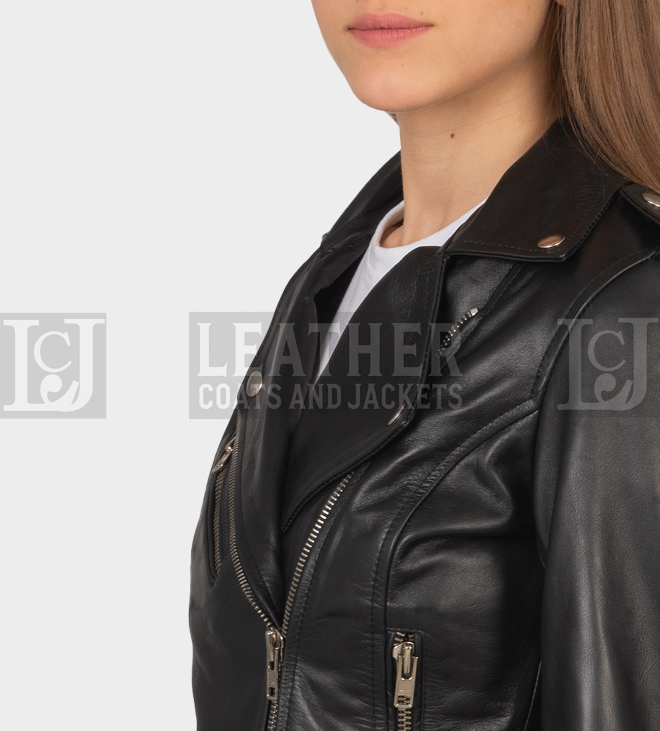 Women's Black Leather Biker Jacket - Removable Belt, Cowhide, Zipper Style