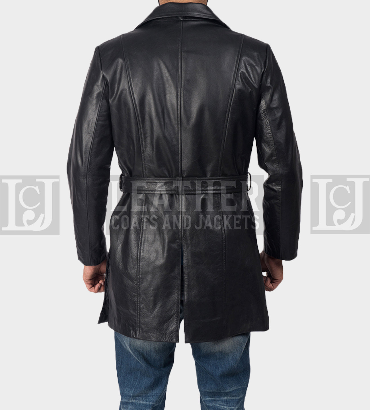 Jordan Men's Black Leather Belted Coat with Chest Pockets