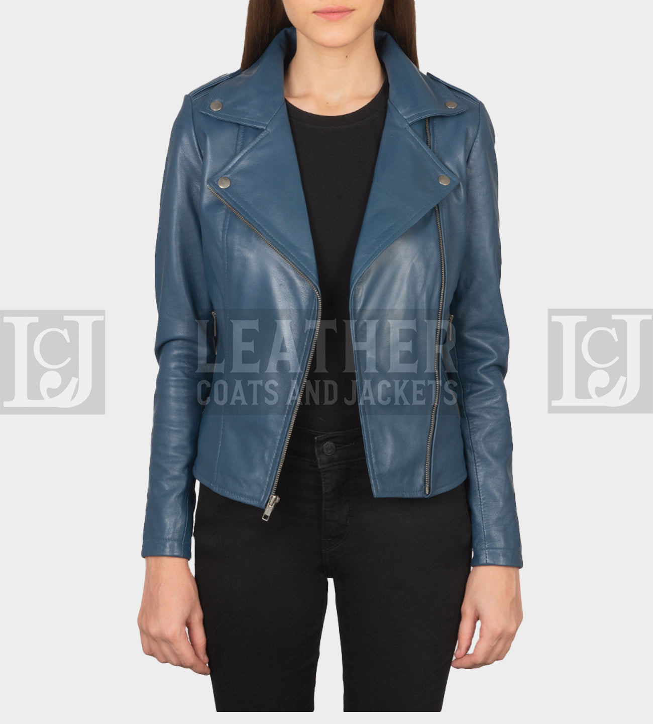 Stylish Blue Sheepskin Leather Biker Jacket for Women