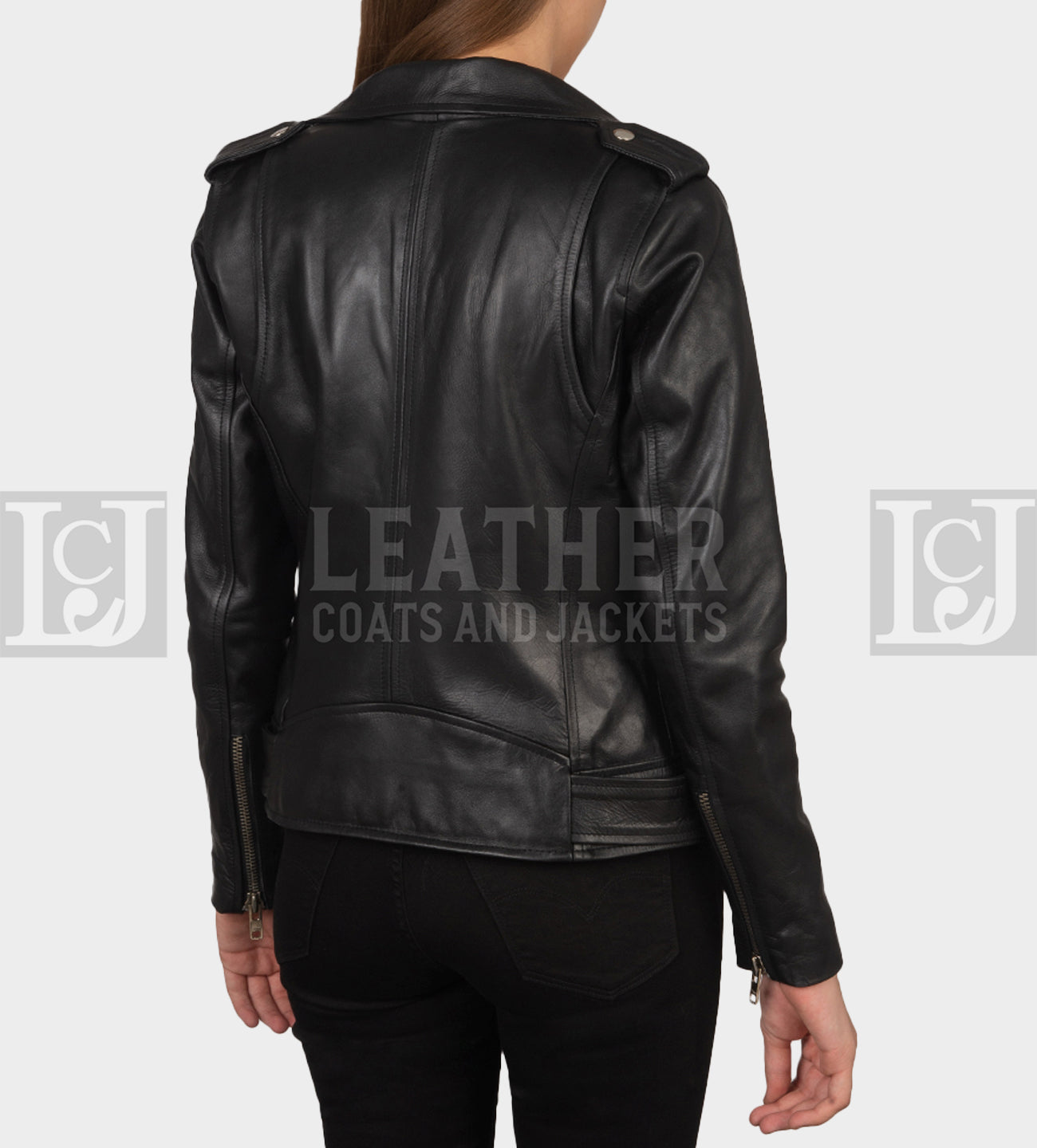 Women's Black Leather Biker Jacket - Removable Belt, Cowhide, Zipper Style