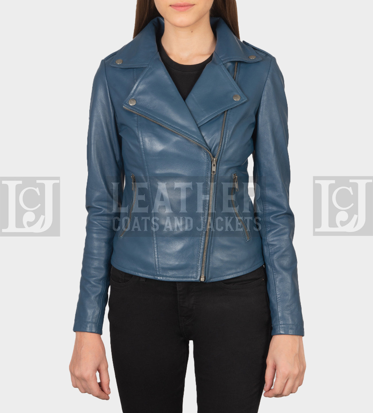 Stylish Blue Sheepskin Leather Biker Jacket for Women