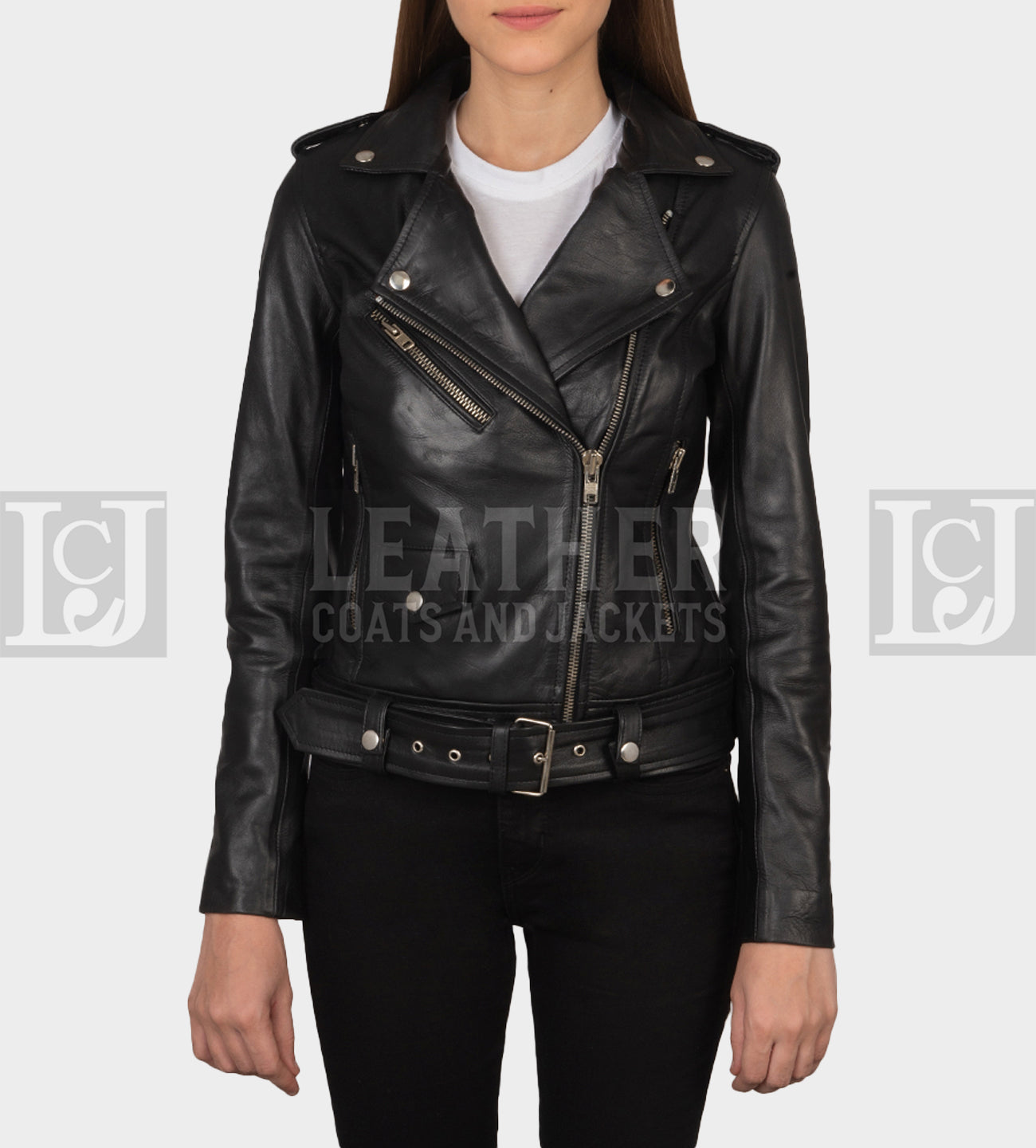 Women's Black Leather Biker Jacket - Removable Belt, Cowhide, Zipper Style