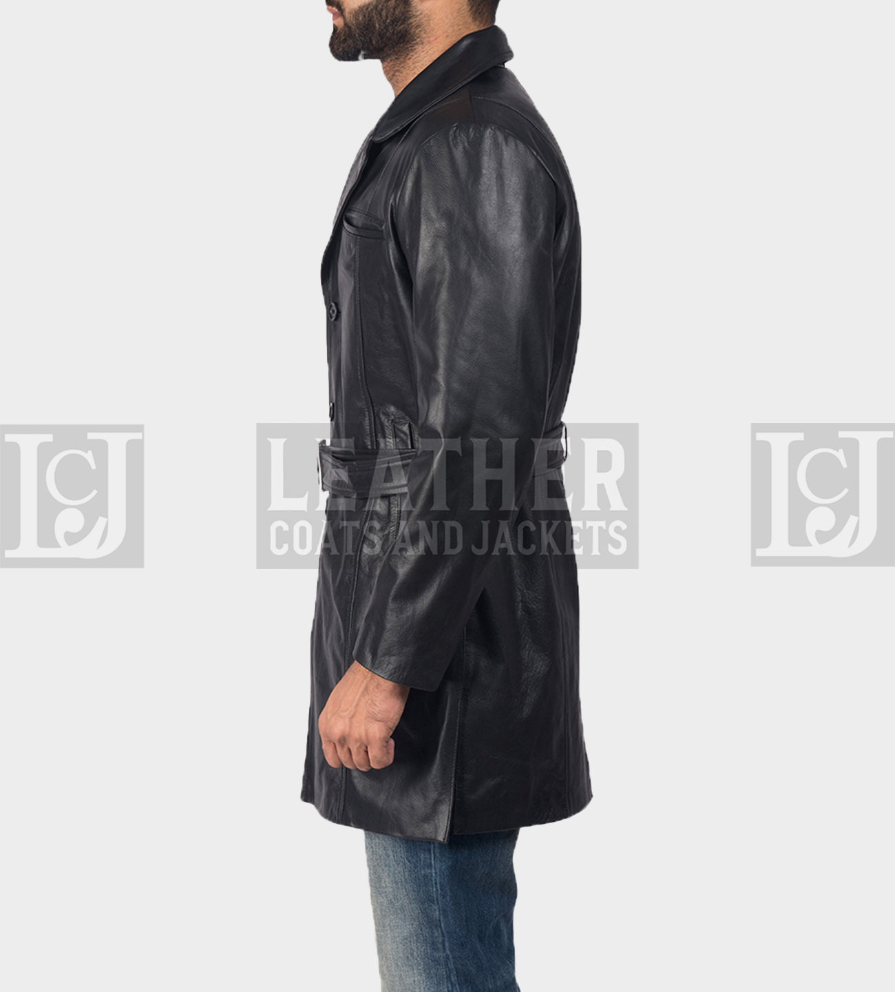 Jordan Men's Black Leather Belted Coat with Chest Pockets