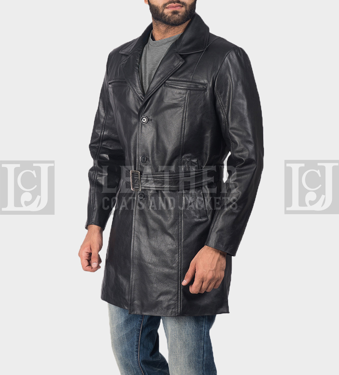 Jordan Men's Black Leather Belted Coat with Chest Pockets