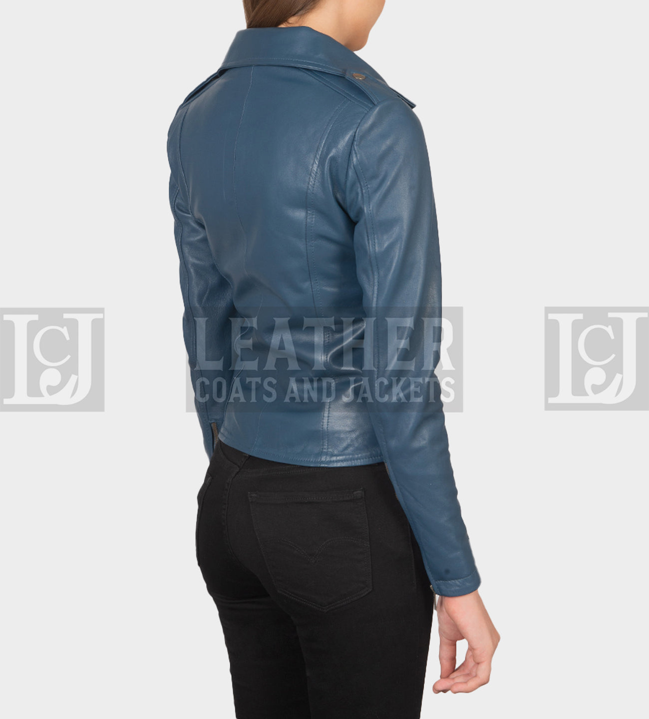 Stylish Blue Sheepskin Leather Biker Jacket for Women