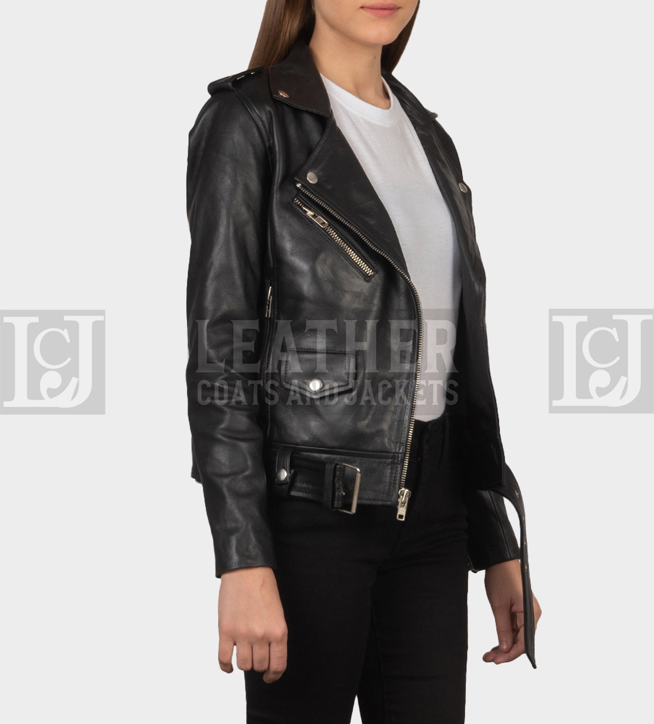 Women's Black Leather Biker Jacket - Removable Belt, Cowhide, Zipper Style