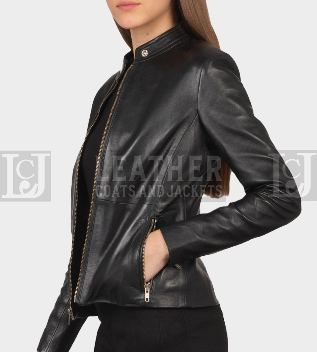 Rave Black Leather Biker Jacket - Sheepskin Leather with Band Collar