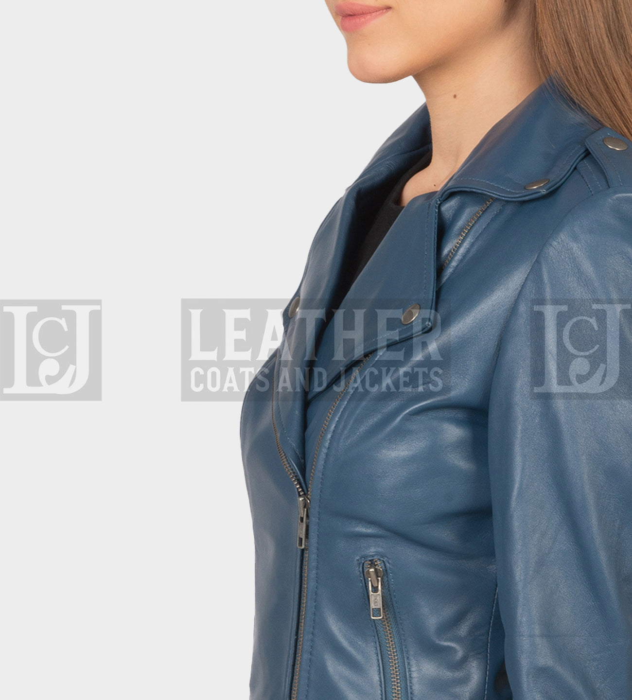 Stylish Blue Sheepskin Leather Biker Jacket for Women