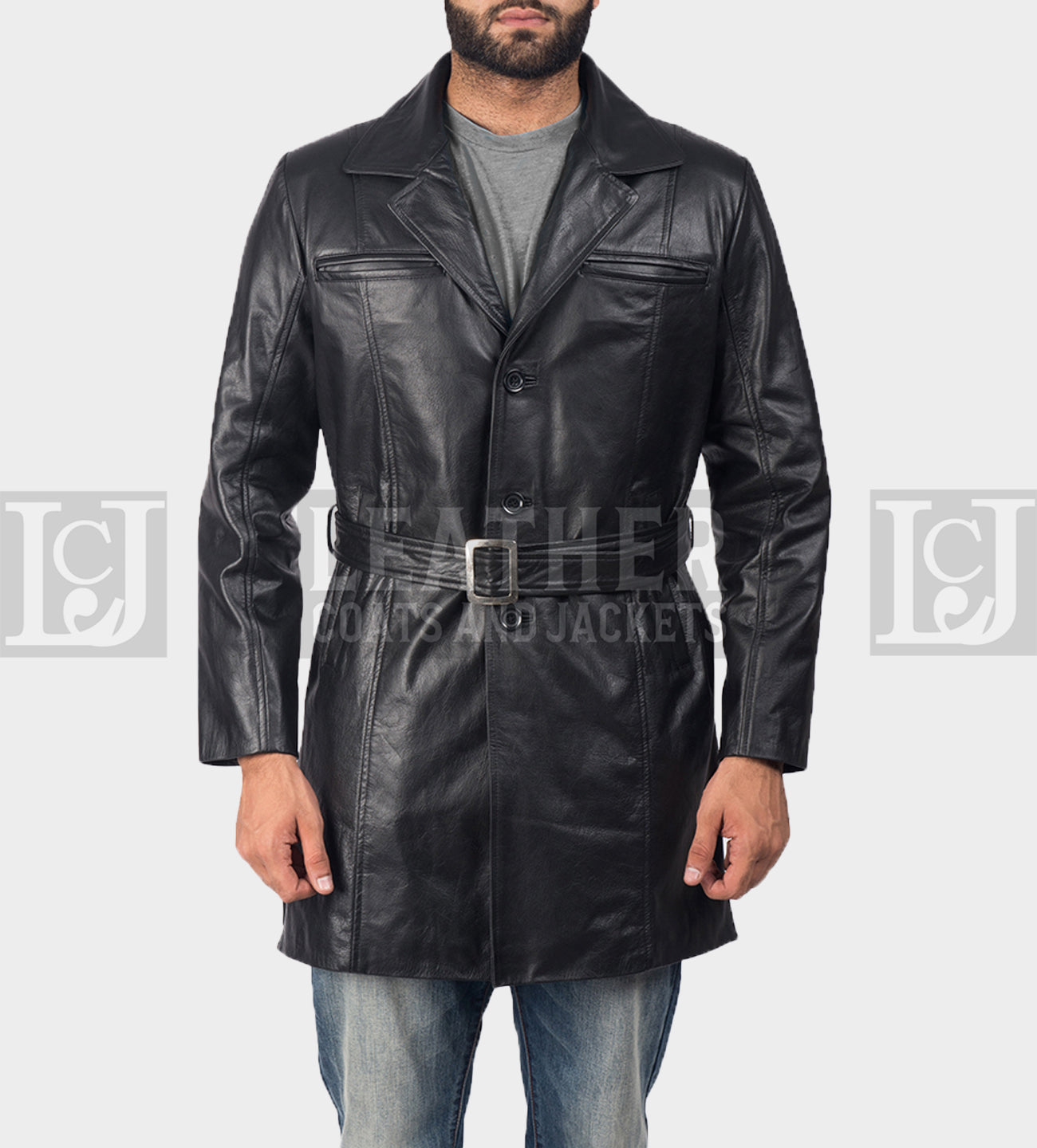 Jordan Men's Black Leather Belted Coat with Chest Pockets