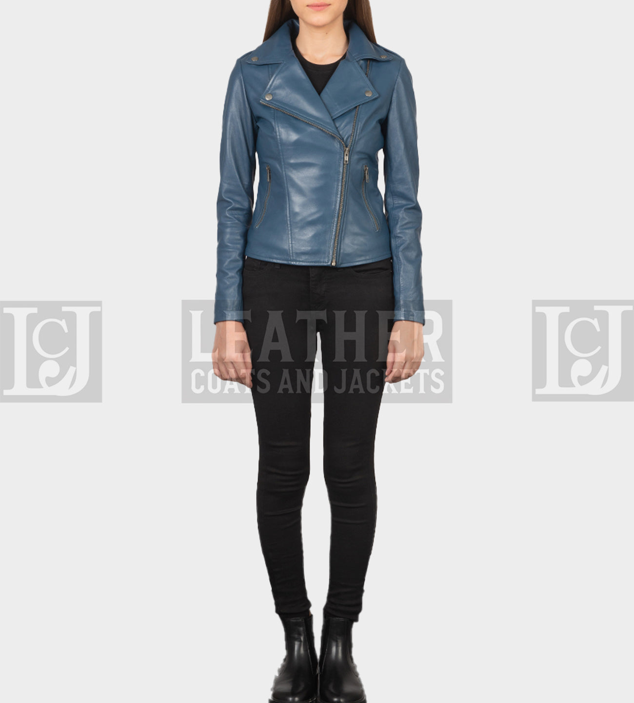 Stylish Blue Sheepskin Leather Biker Jacket for Women