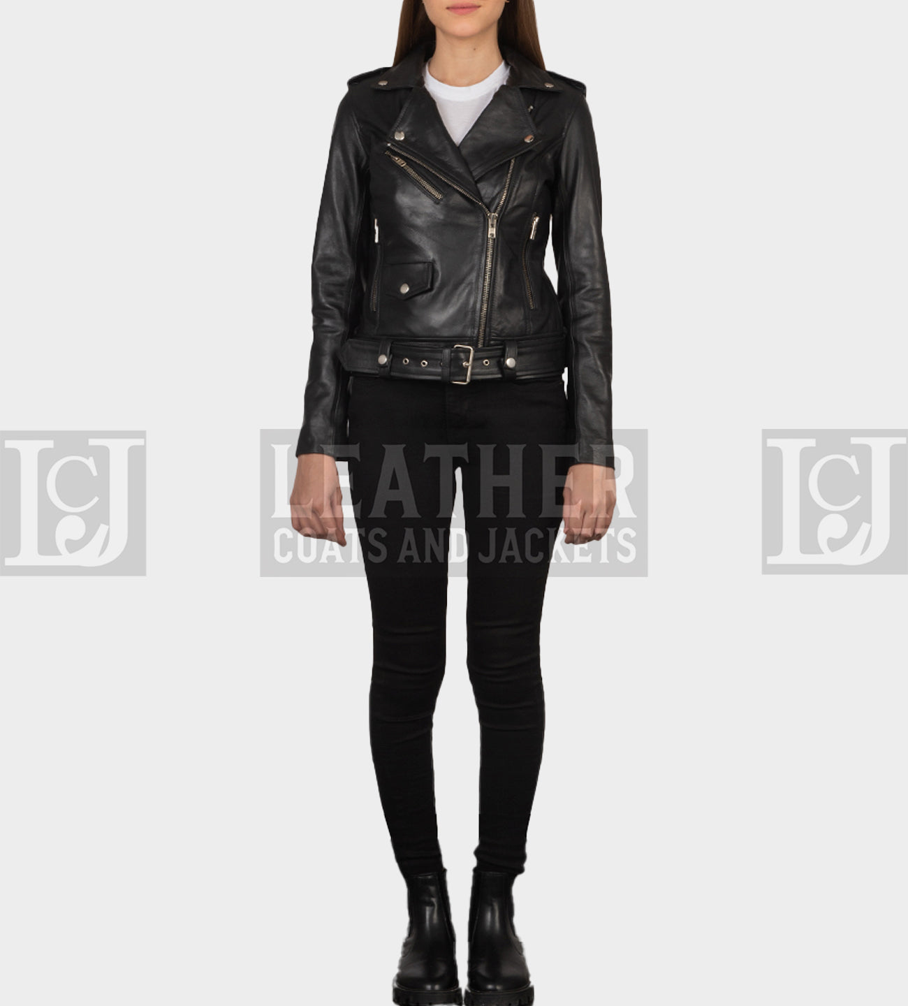 Women's Black Leather Biker Jacket - Removable Belt, Cowhide, Zipper Style