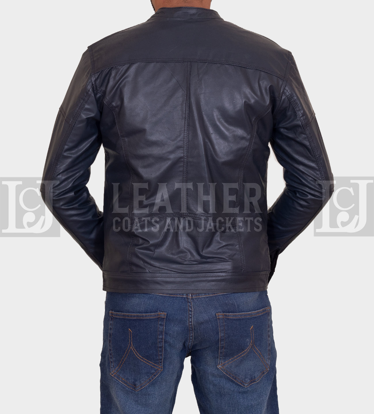 Men’s Navy Blue Slim-Fit Leather Jacket – Modern Quilted Design with Soft Lining