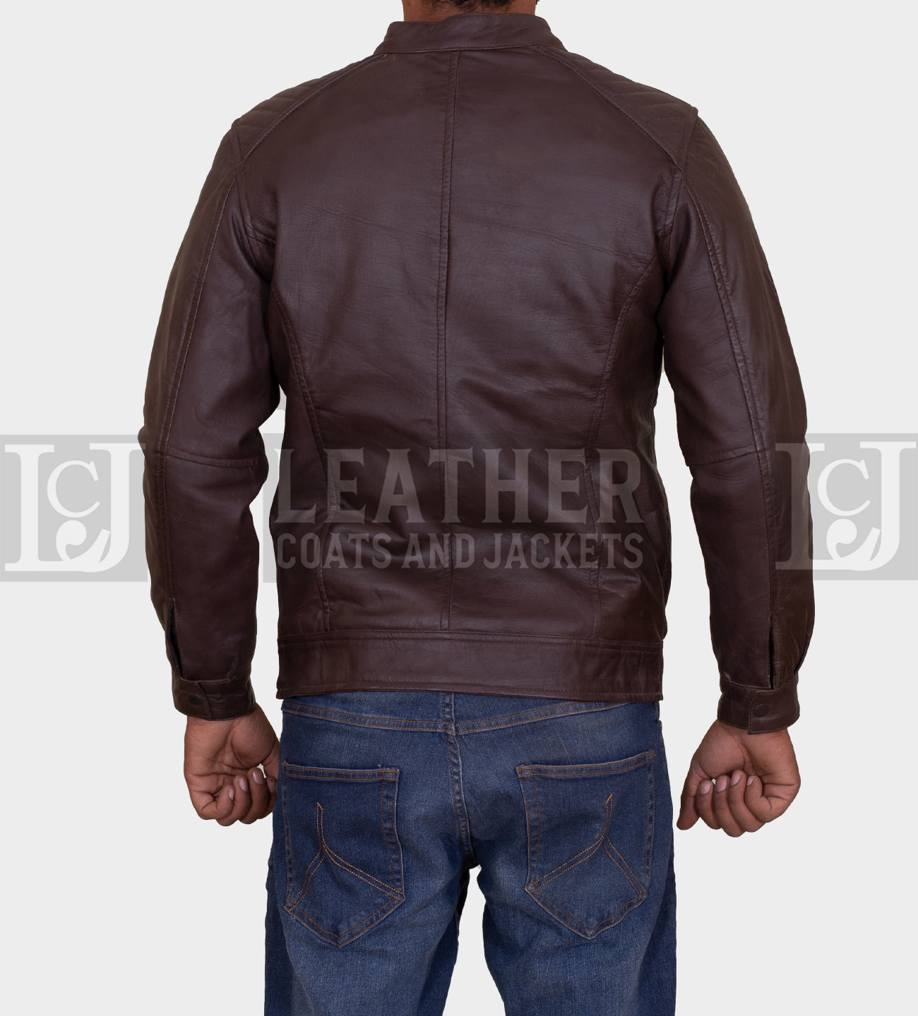 Men's Chocolate Brown Leather Jacket with Quilted Shoulders and Multiple Pockets