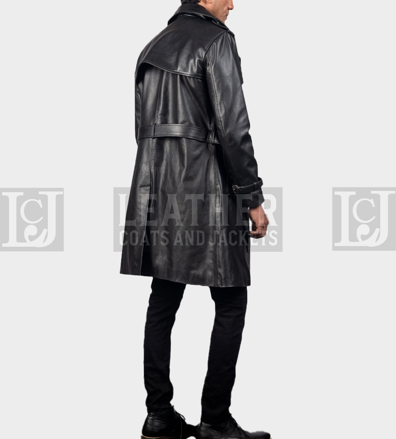 Royson Men's Black Leather Trench Coat with Belt and Epaulettes