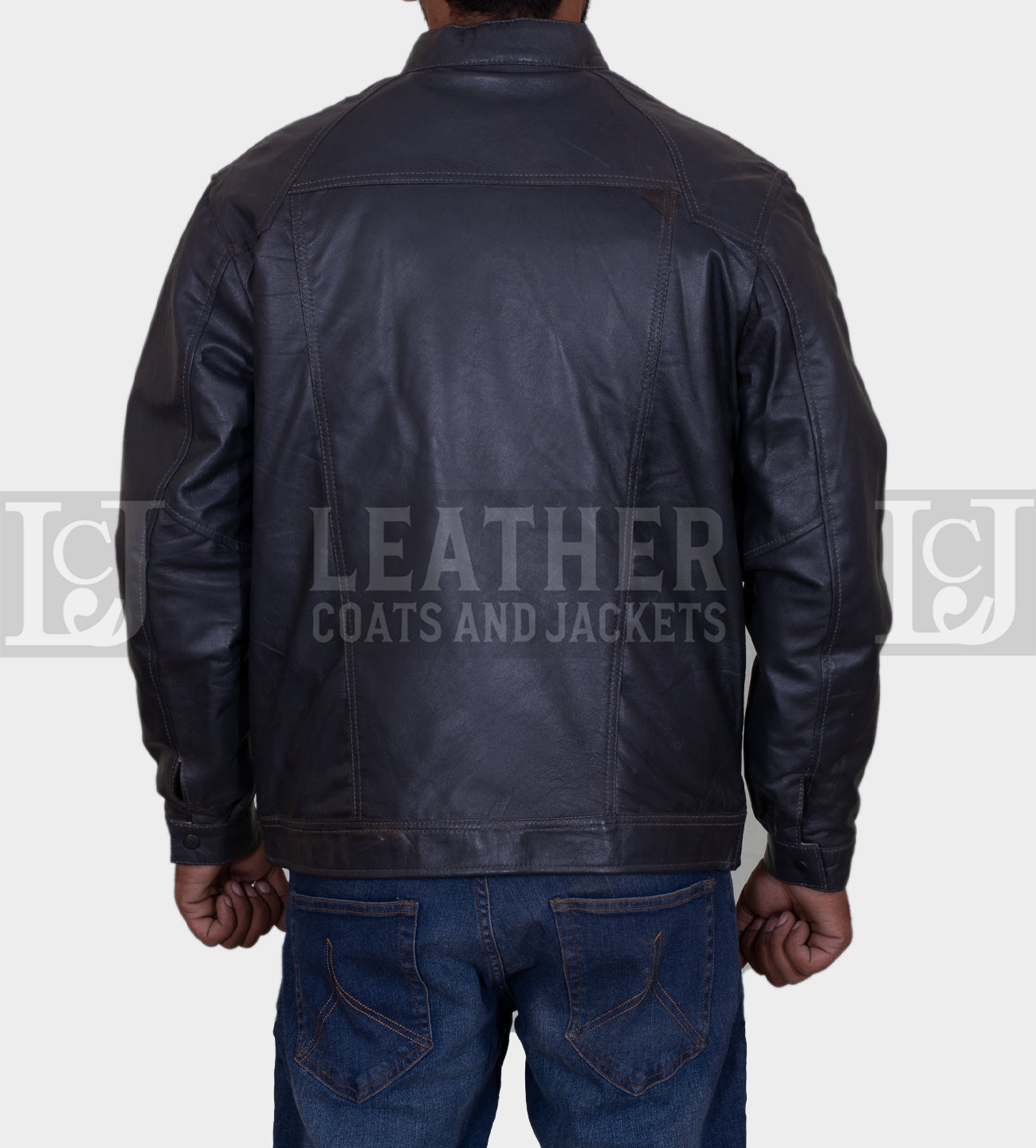 Men's Grey Leather Jacket with Quilted Shoulders and Sleek Design