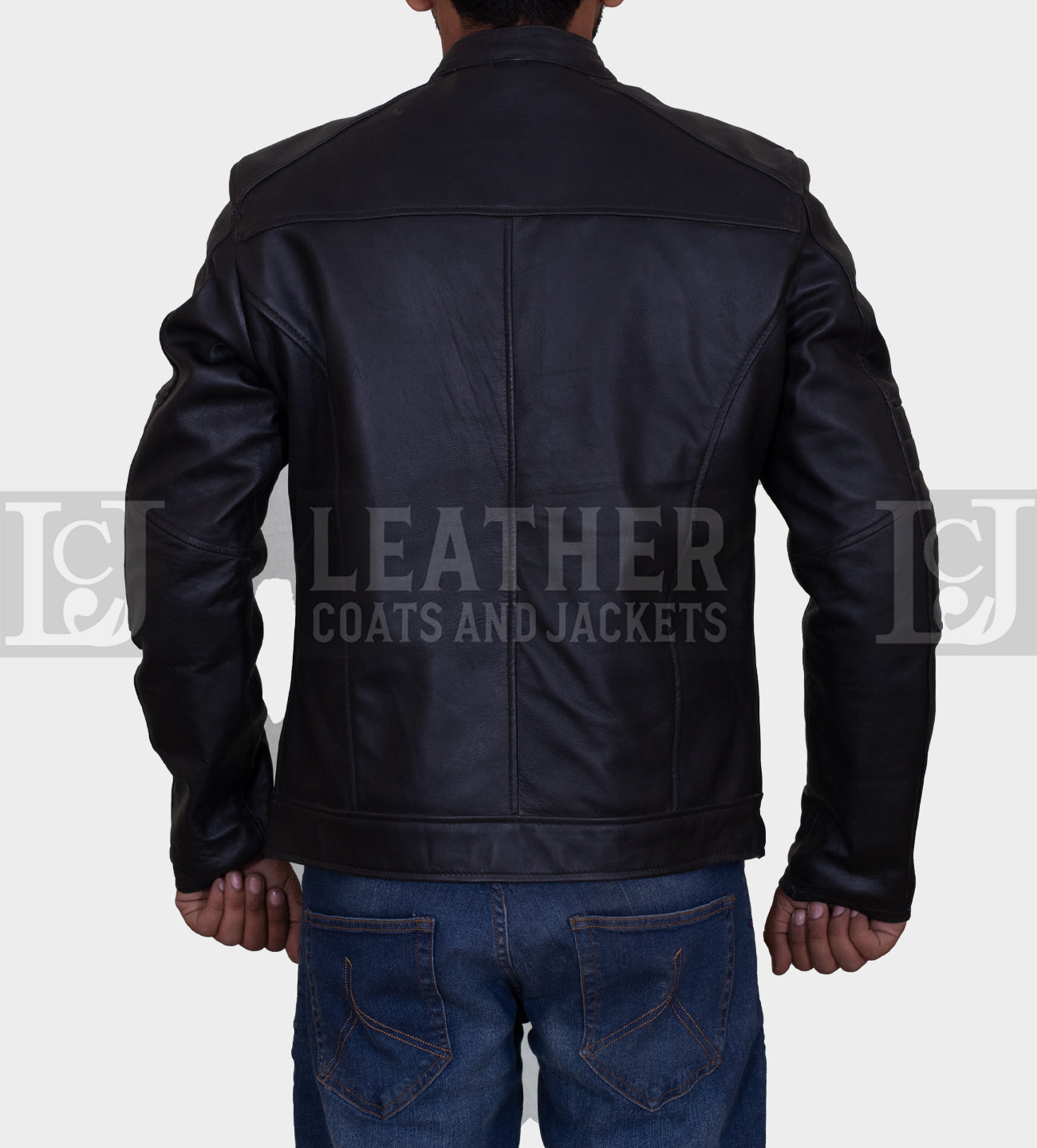 Men's Black Leather Jacket with Padded Sleeves and Multiple Pockets