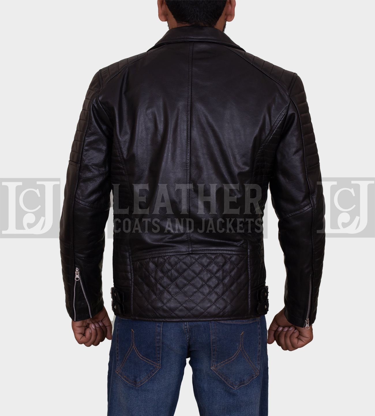 Black Quilted Leather Jacket with Asymmetrical Zipper Design