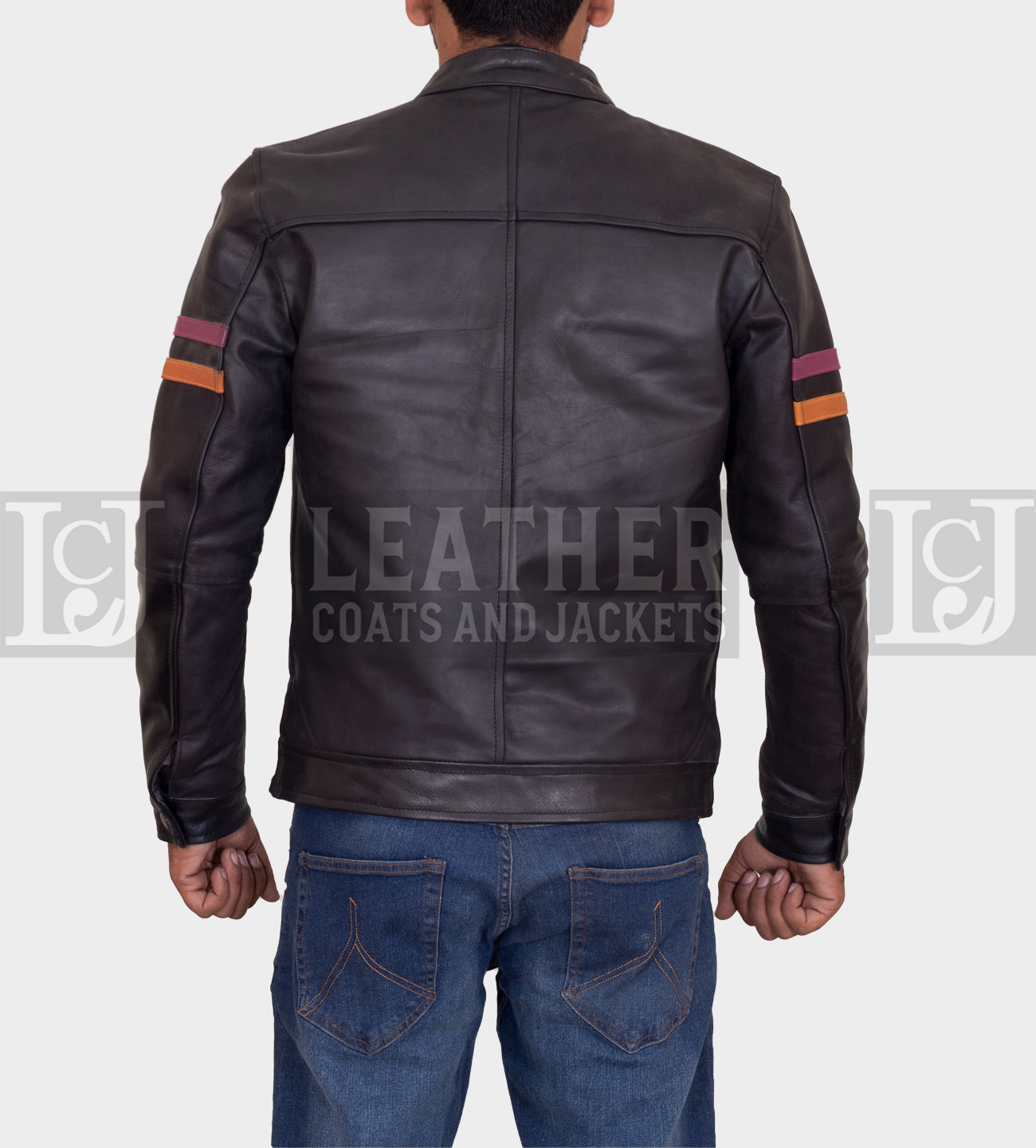 Men's Black Leather Jacket with Maroon & Orange Stripes