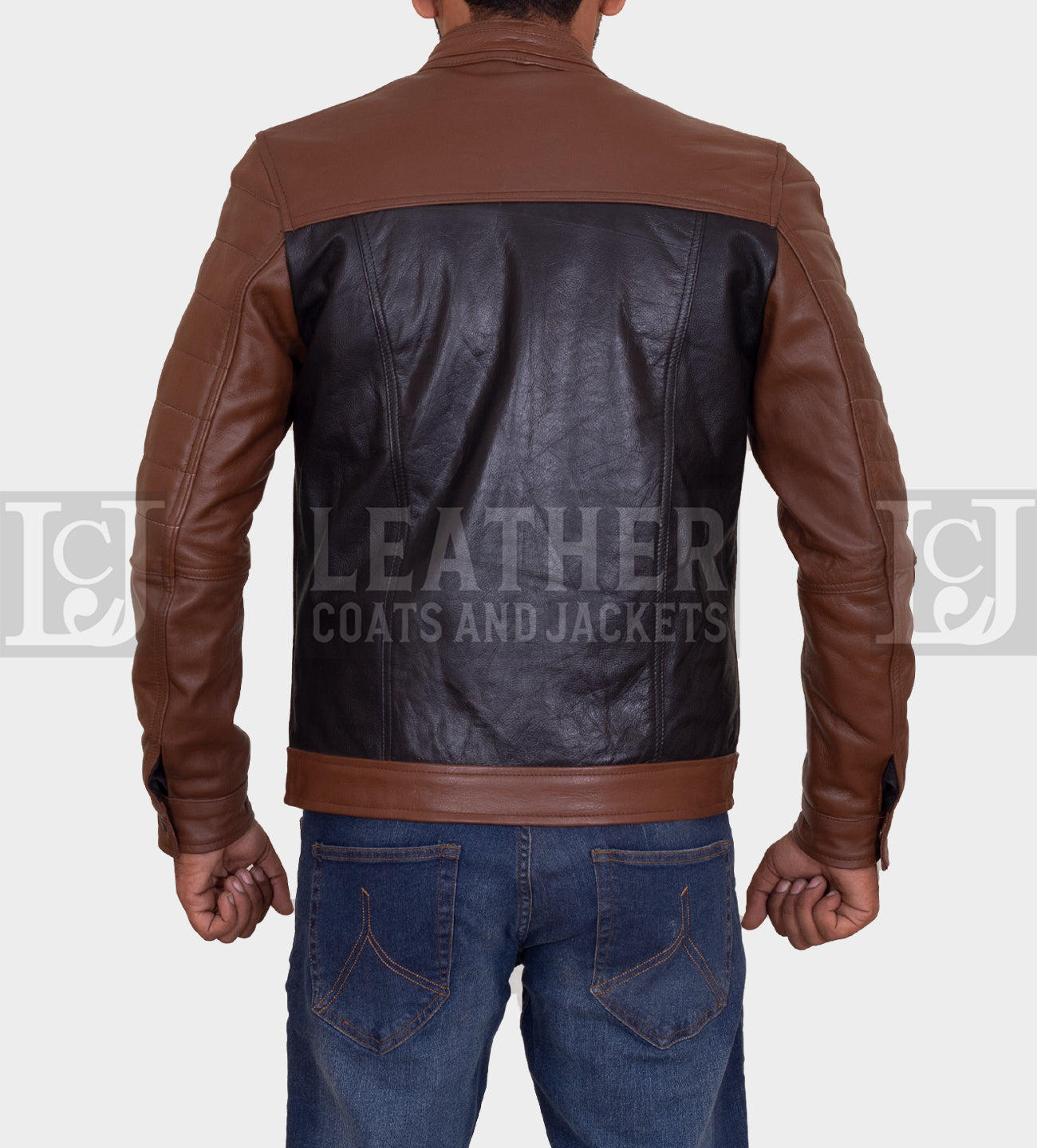 Men's Brown and Black Leather Jacket with Contrast Panels