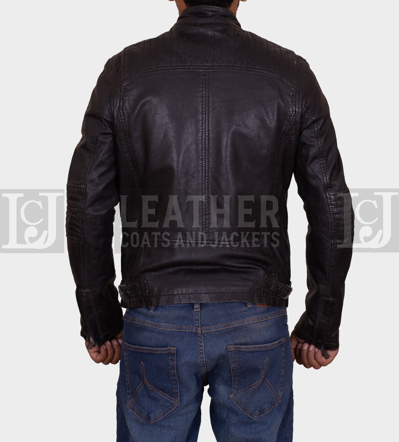 Men's Black Leather Jacket with Buckled Neck Straps and Quilted Detailing