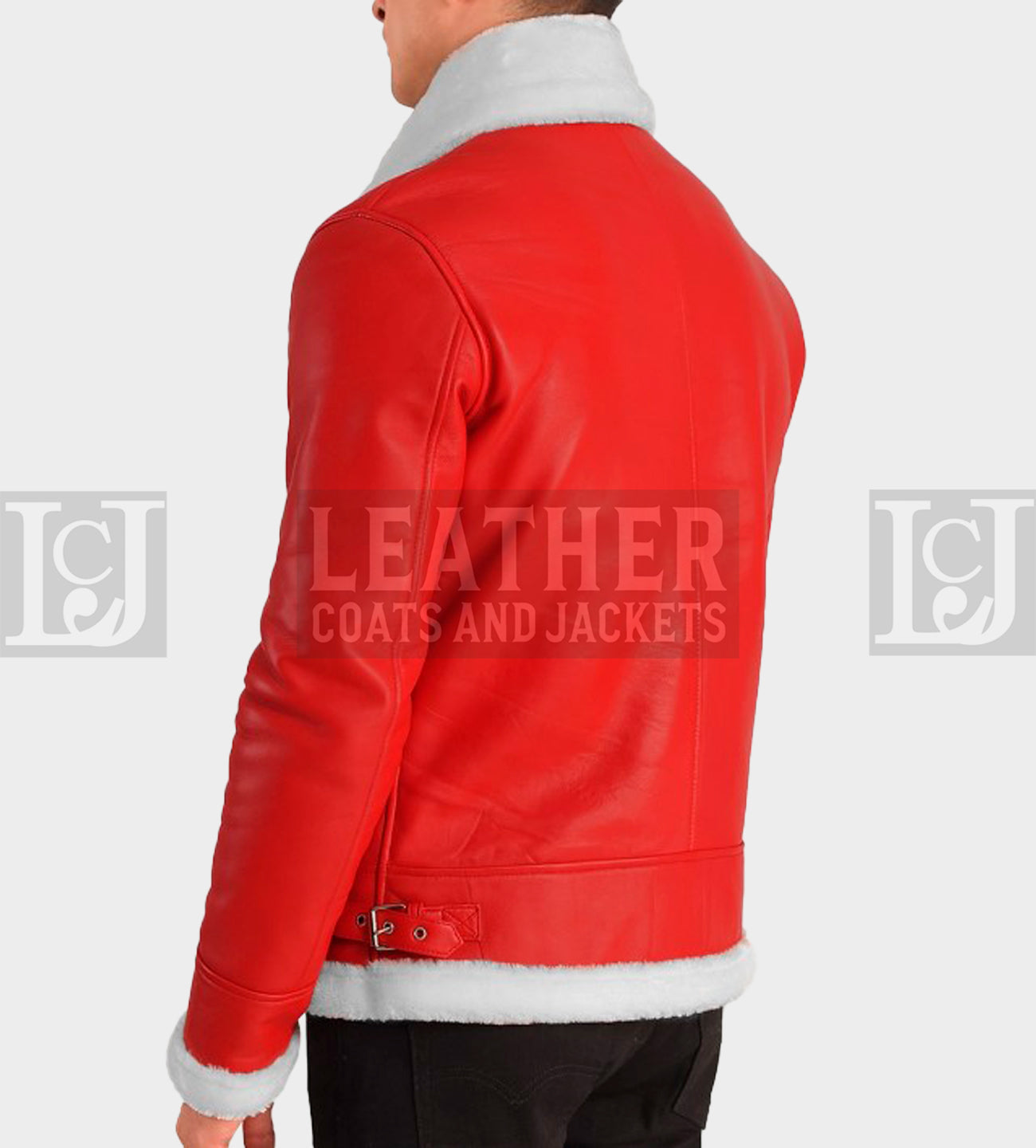 Men's Red Leather Shearling Jacket with White Fur Collar and Cuffs