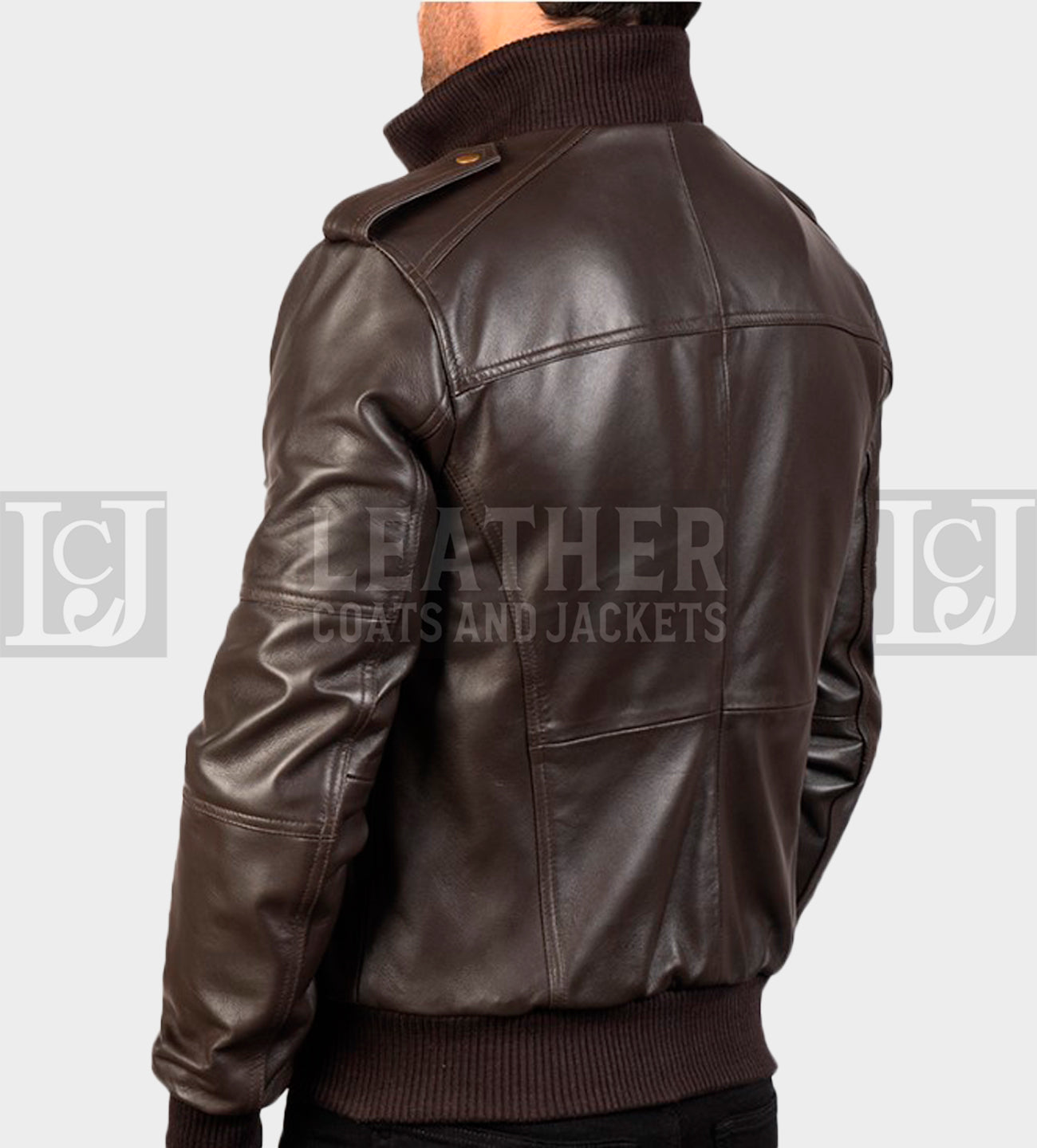 Men's Chocolate Brown Leather Bomber Jacket with Ribbed Collar and Hem