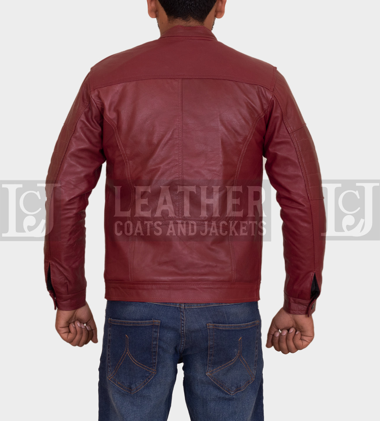 Men's Maroon Quilted Leather Jacket with Snap Collar and Zipper Pockets