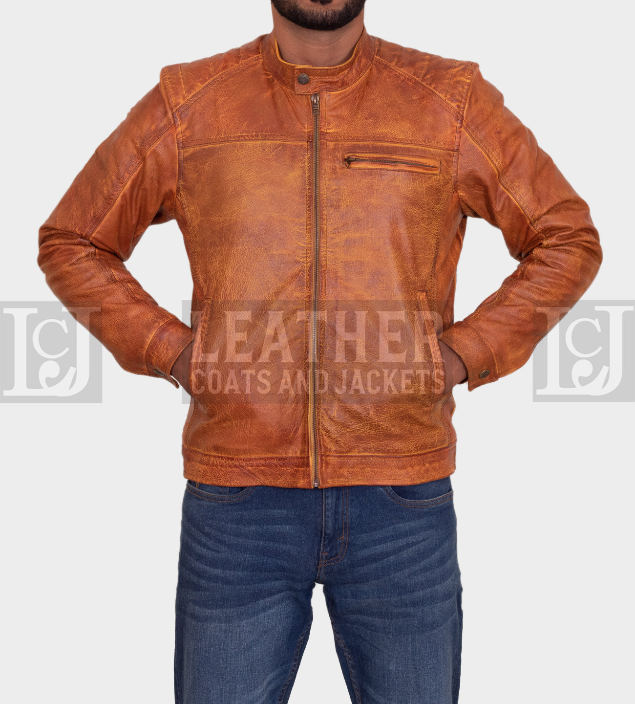 Men's Distressed Vintage Tan Leather Jacket - Stylish Cowhide Design