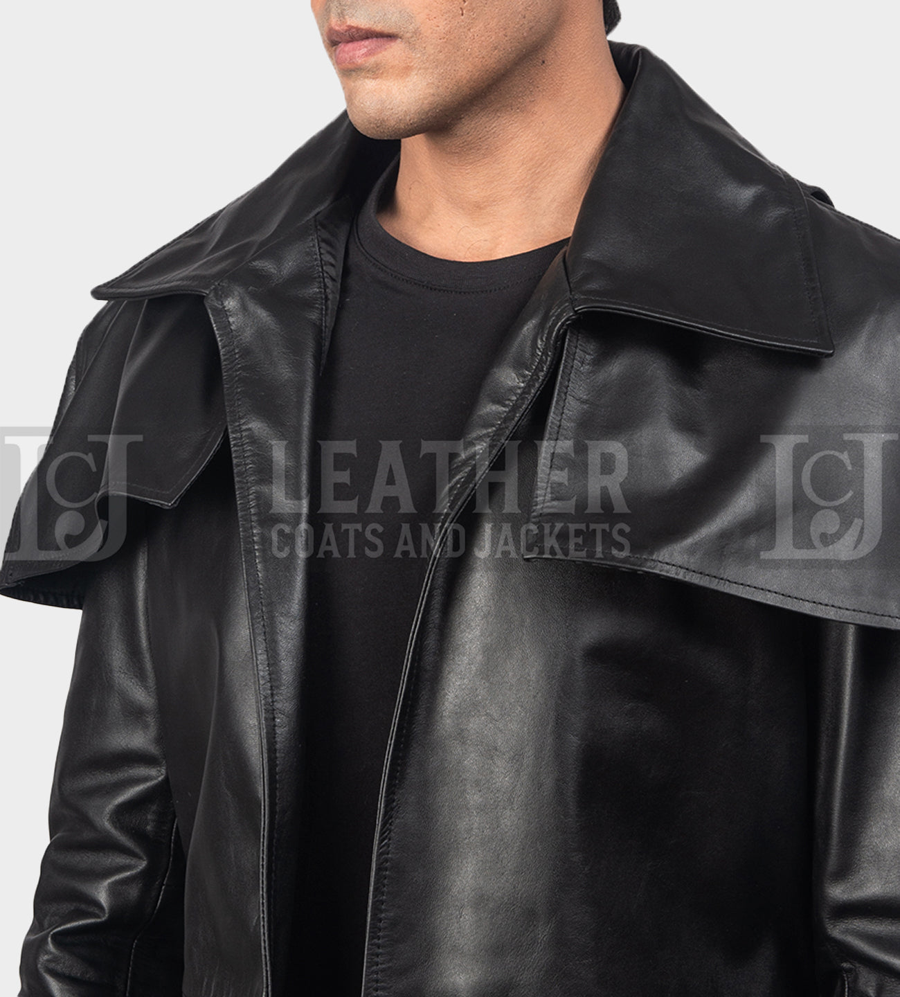 Men's Long Black Leather Coat - Stylish Semi-Aniline Duster