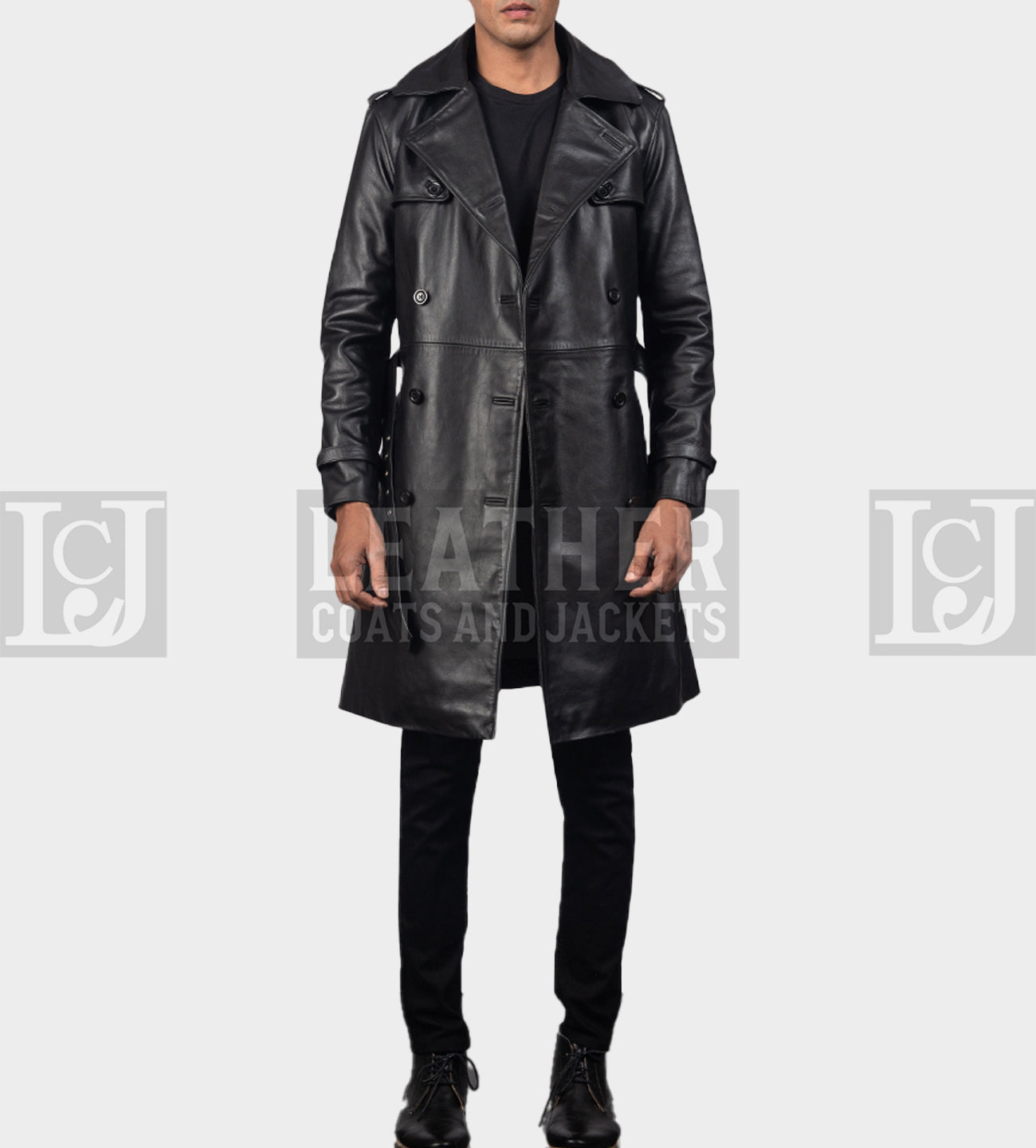 Royson Men's Black Leather Trench Coat with Belt and Epaulettes