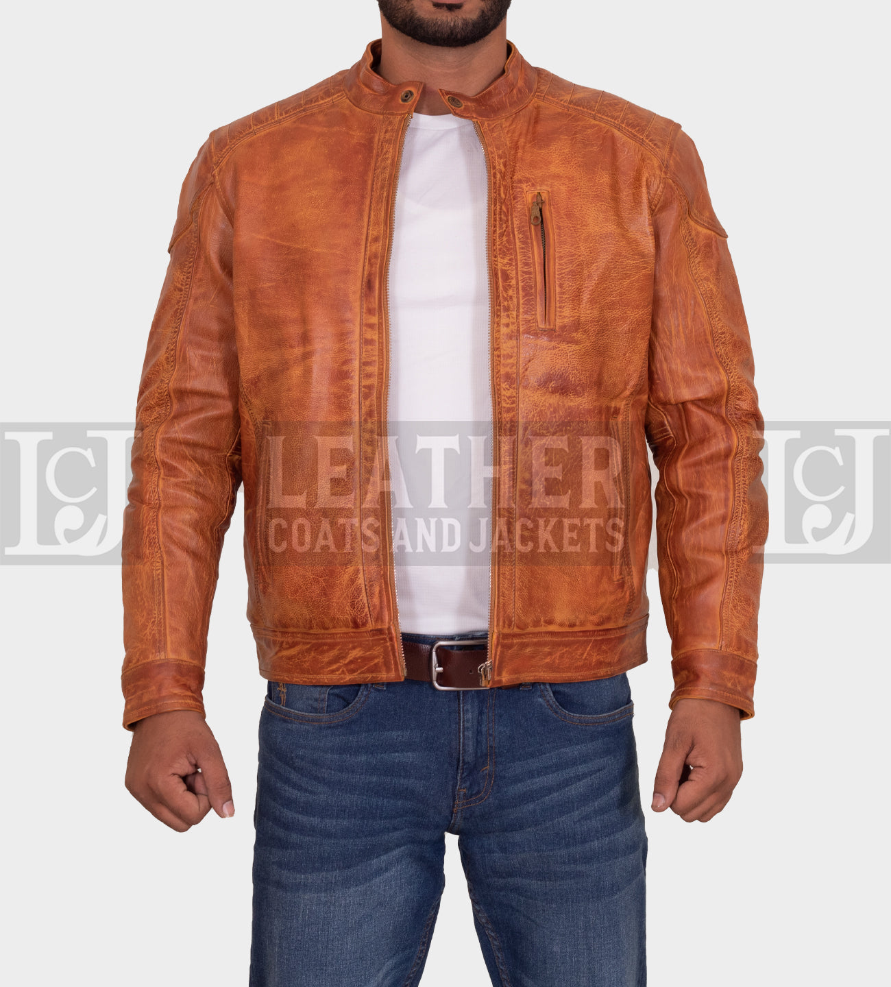 Men's Vintage Brown Leather Jacket - Genuine Cowhide with YKK Zipper