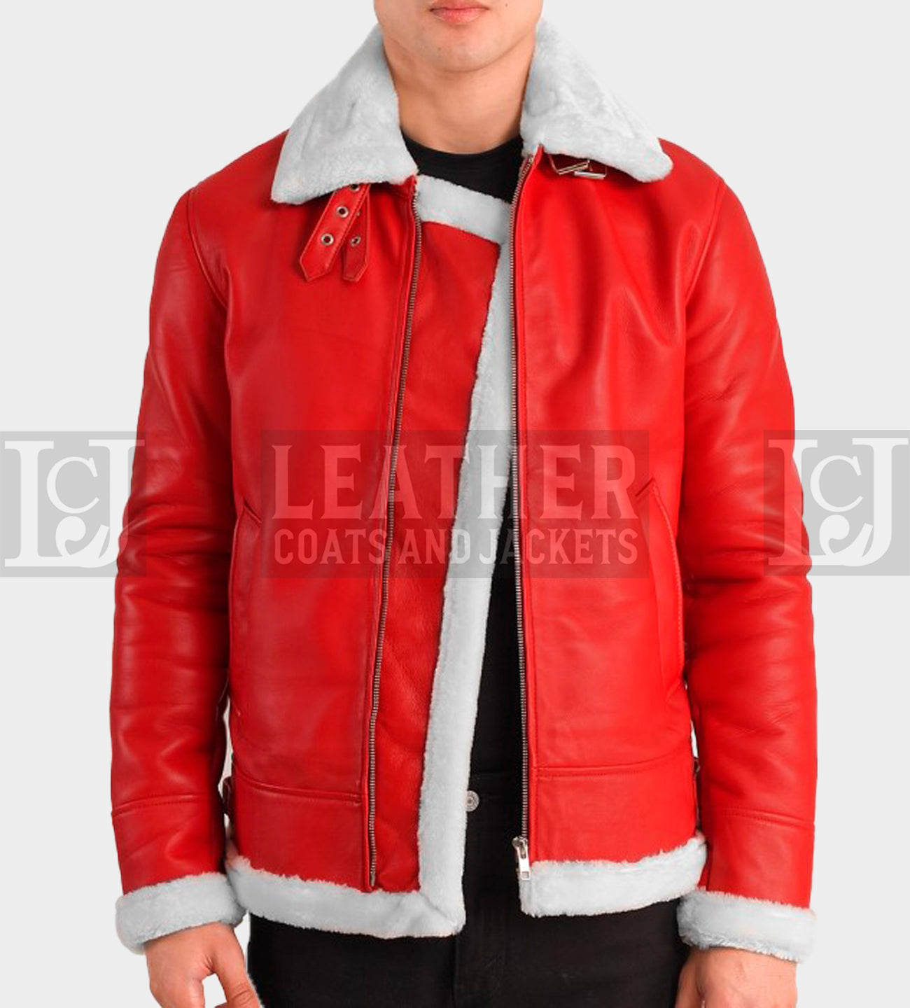 Men's Red Leather Shearling Jacket with White Fur Collar and Cuffs