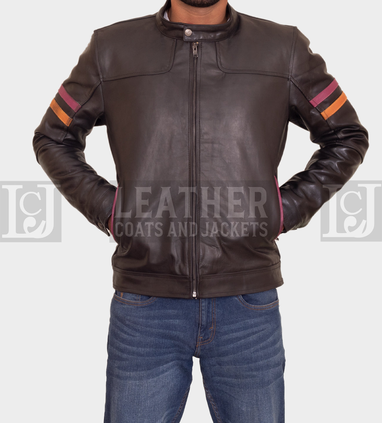 Men's Black Leather Jacket with Maroon & Orange Stripes