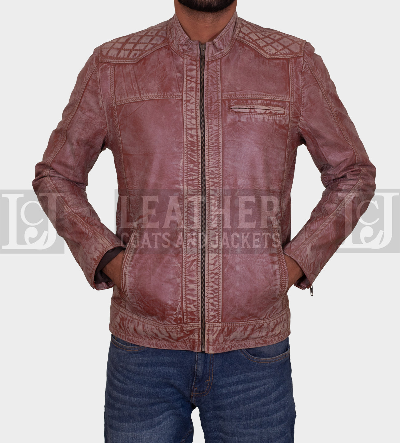 Men's Distressed Brown Leather Jacket with Quilted Detailing