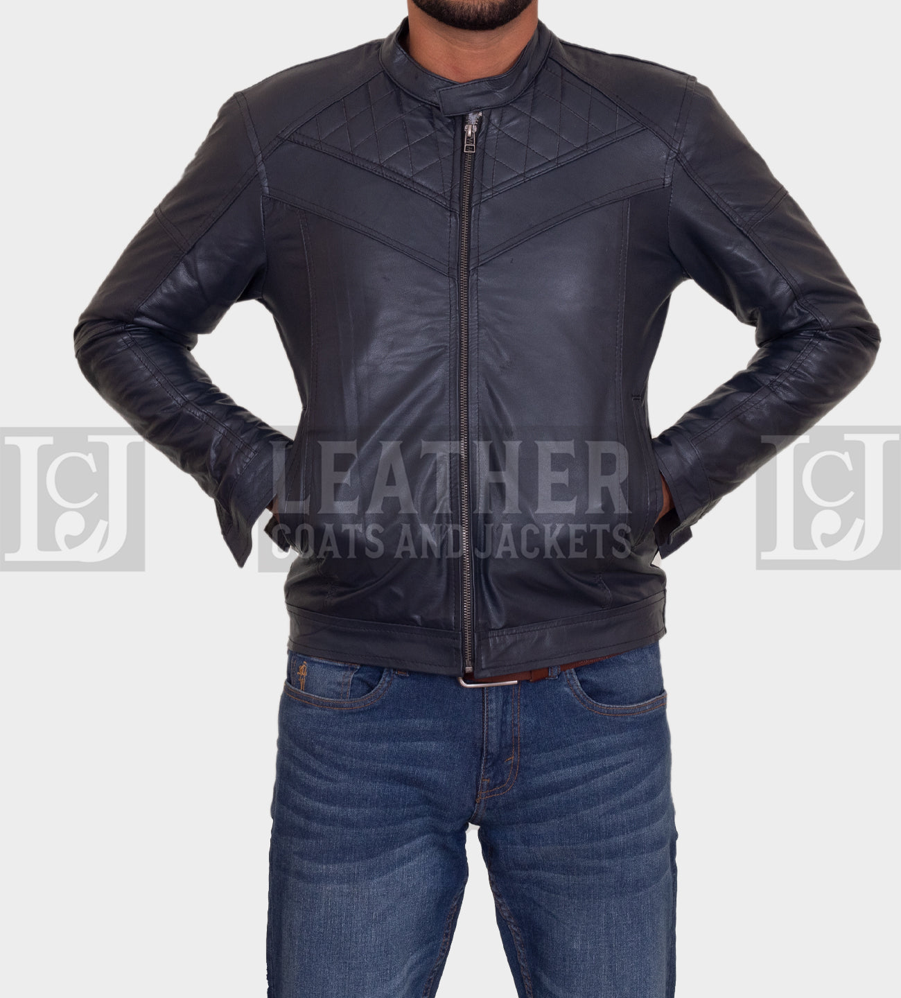 Men’s Navy Blue Slim-Fit Leather Jacket – Modern Quilted Design with Soft Lining