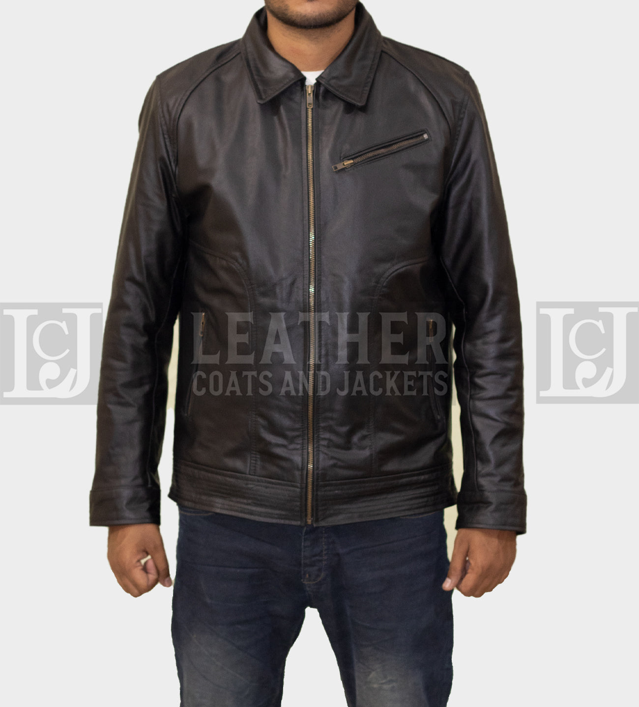 Men's Black Leather Jacket - Classic Collar Style in Genuine Cowhide