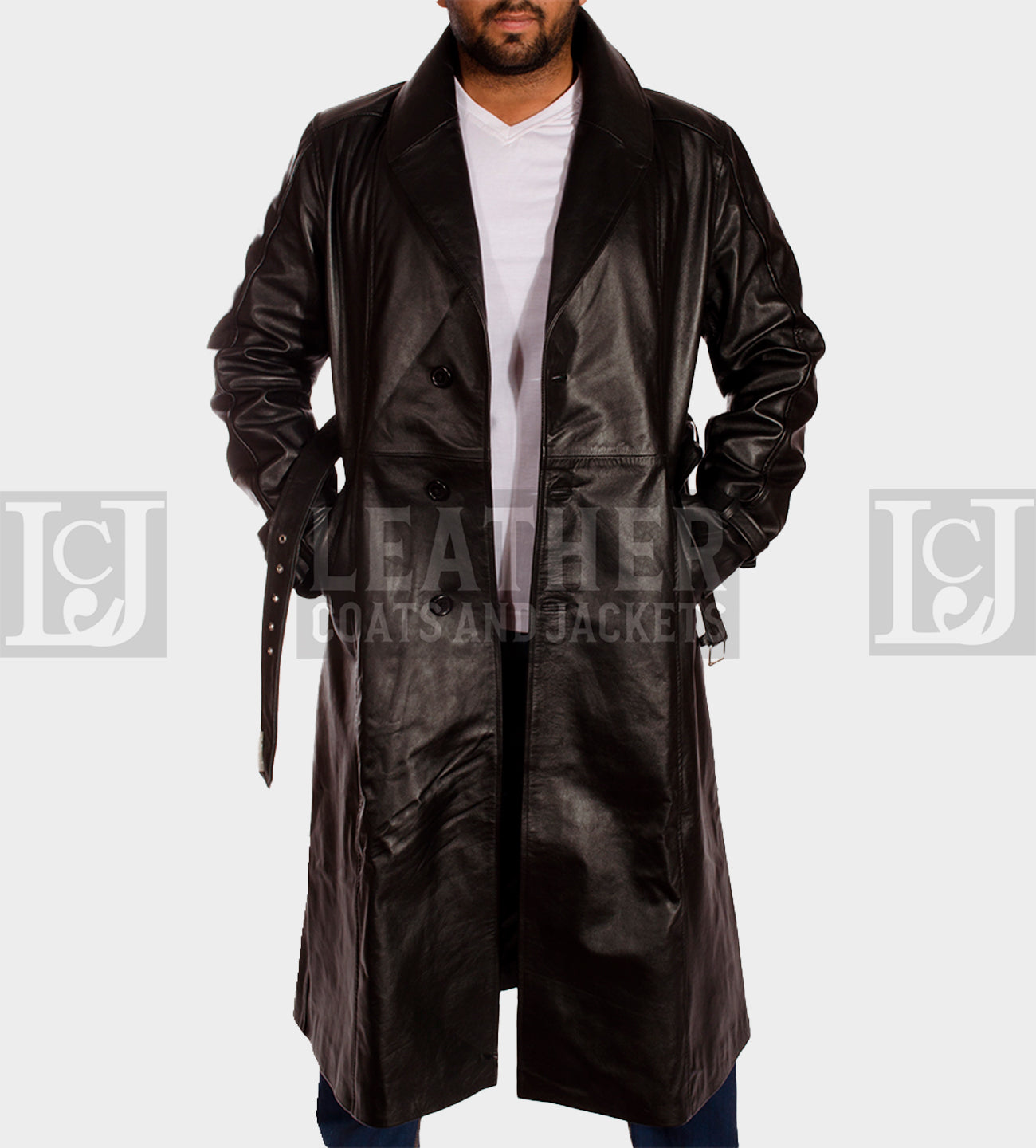 Men's Hooligan Black Leather Trench Coat with Waist Belt