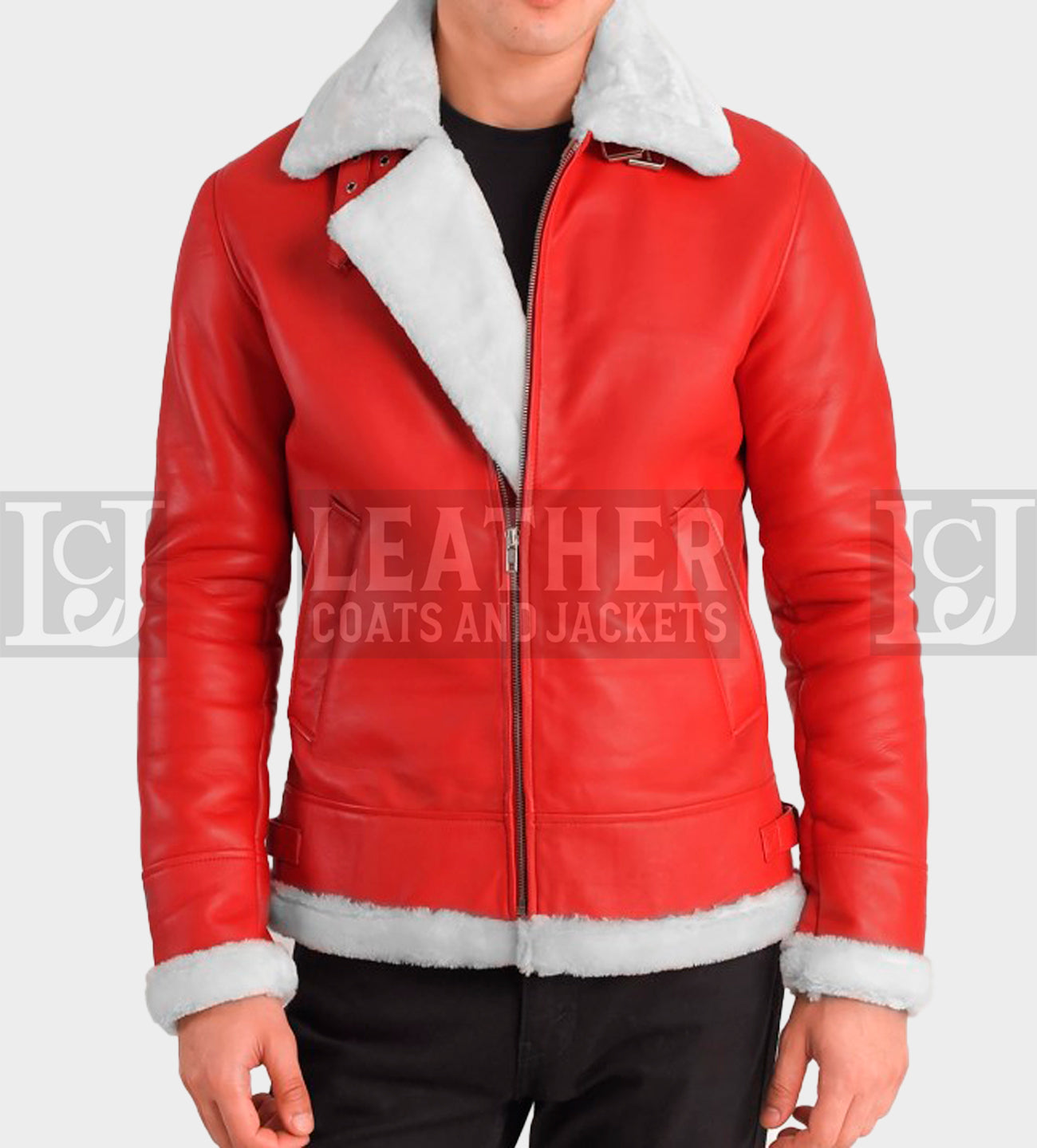 Men's Red Leather Shearling Jacket with White Fur Collar and Cuffs