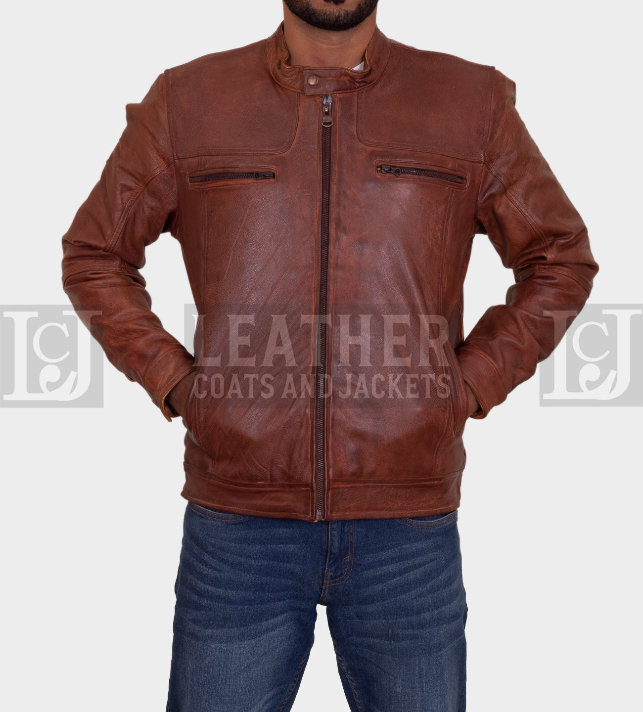 Men's Brown Leather Jacket - Double Chest Zipper Design in Genuine Cowhide