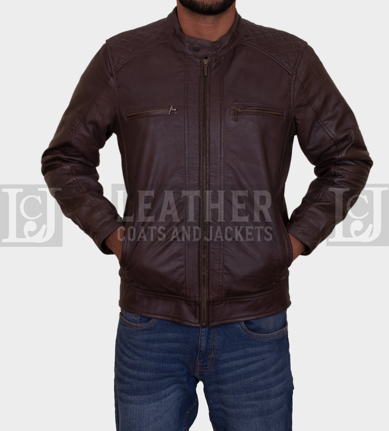 Men's Chocolate Brown Leather Jacket with Quilted Shoulders and Multiple Pockets