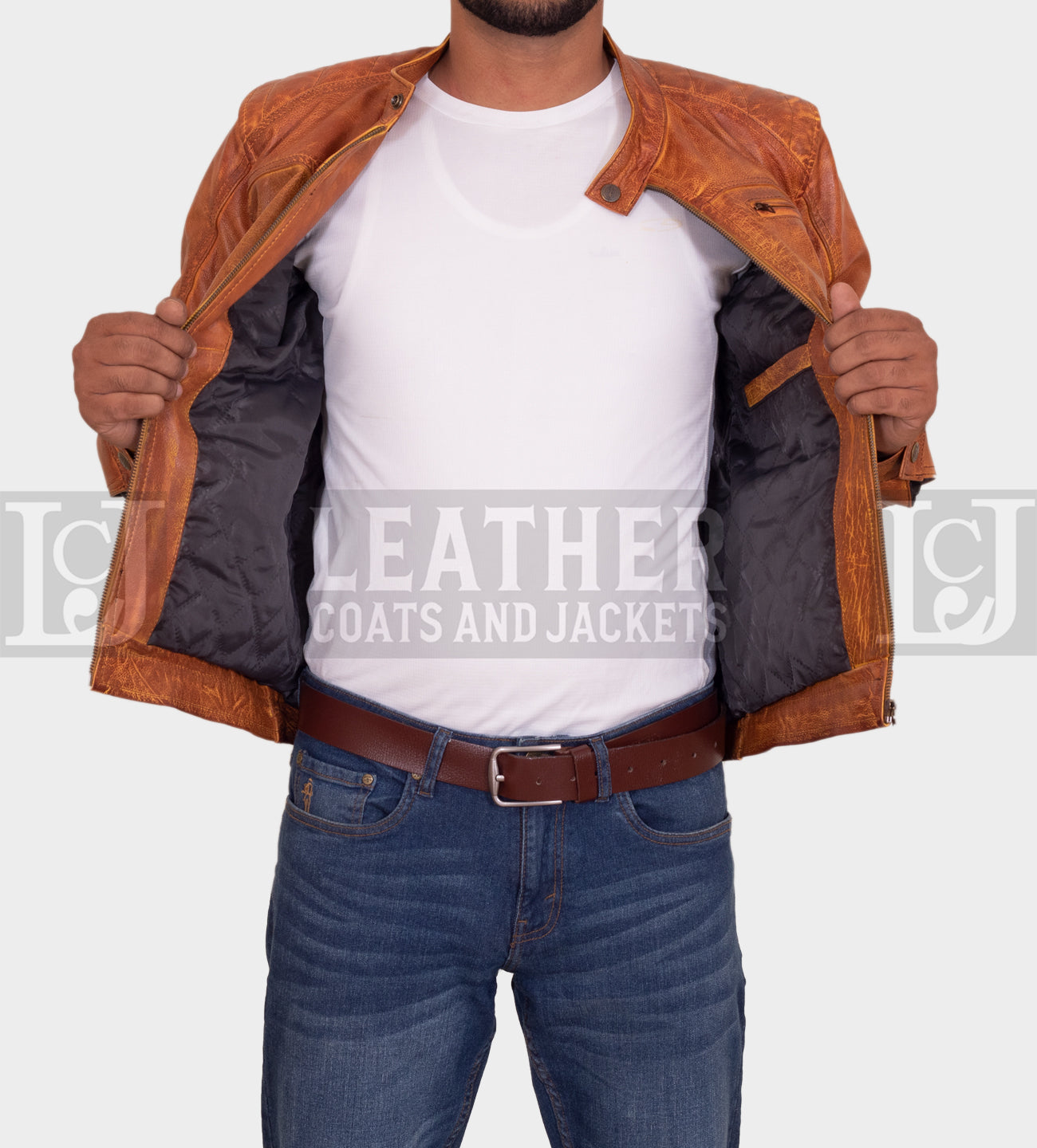 Men's Distressed Vintage Tan Leather Jacket - Stylish Cowhide Design