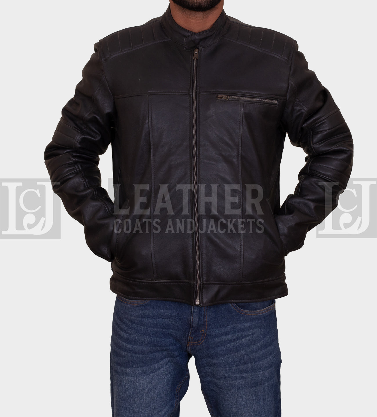 Men's Black Leather Jacket with Padded Sleeves and Multiple Pockets