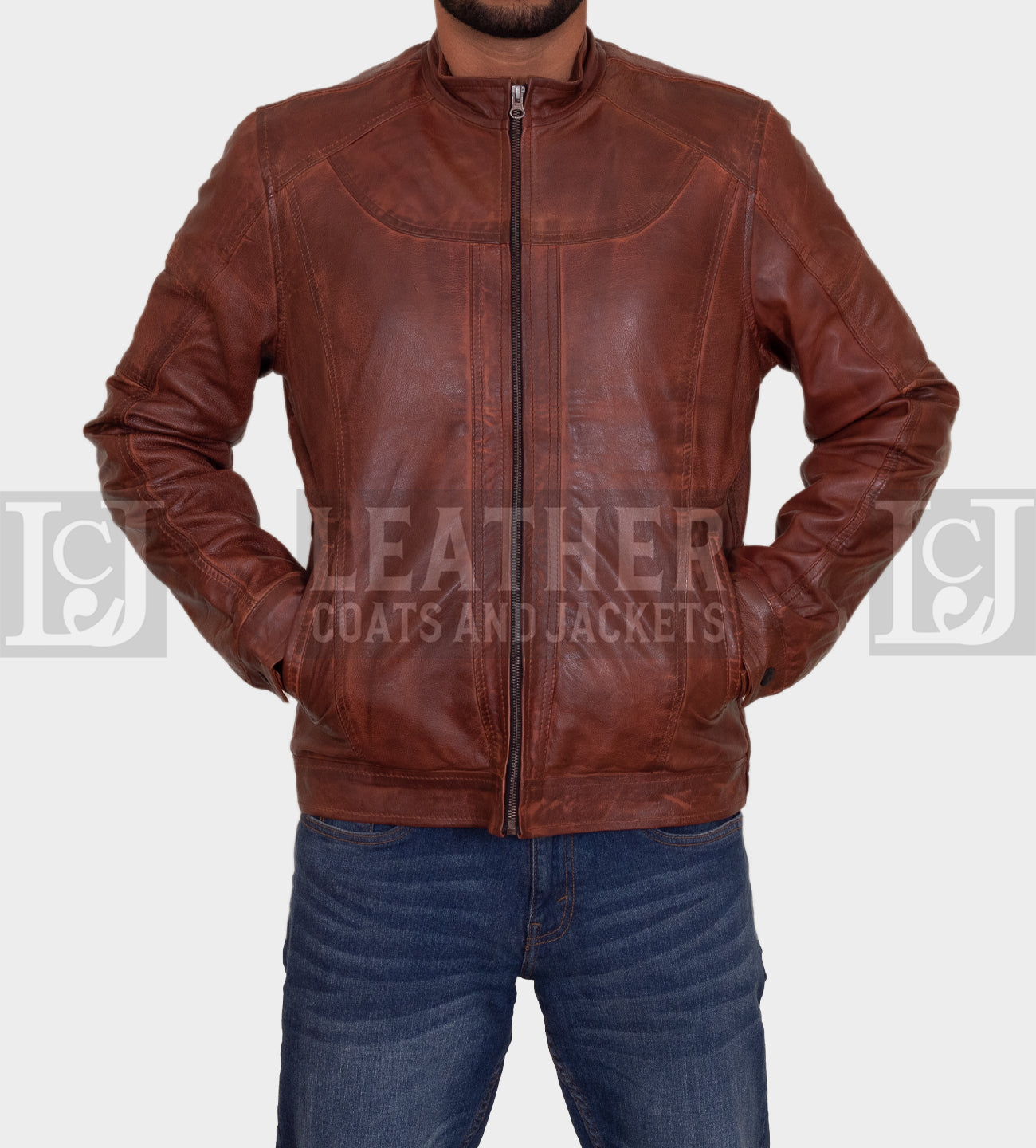 Classic Brown Leather Jacket with Detailed Stitching and YKK Zippers