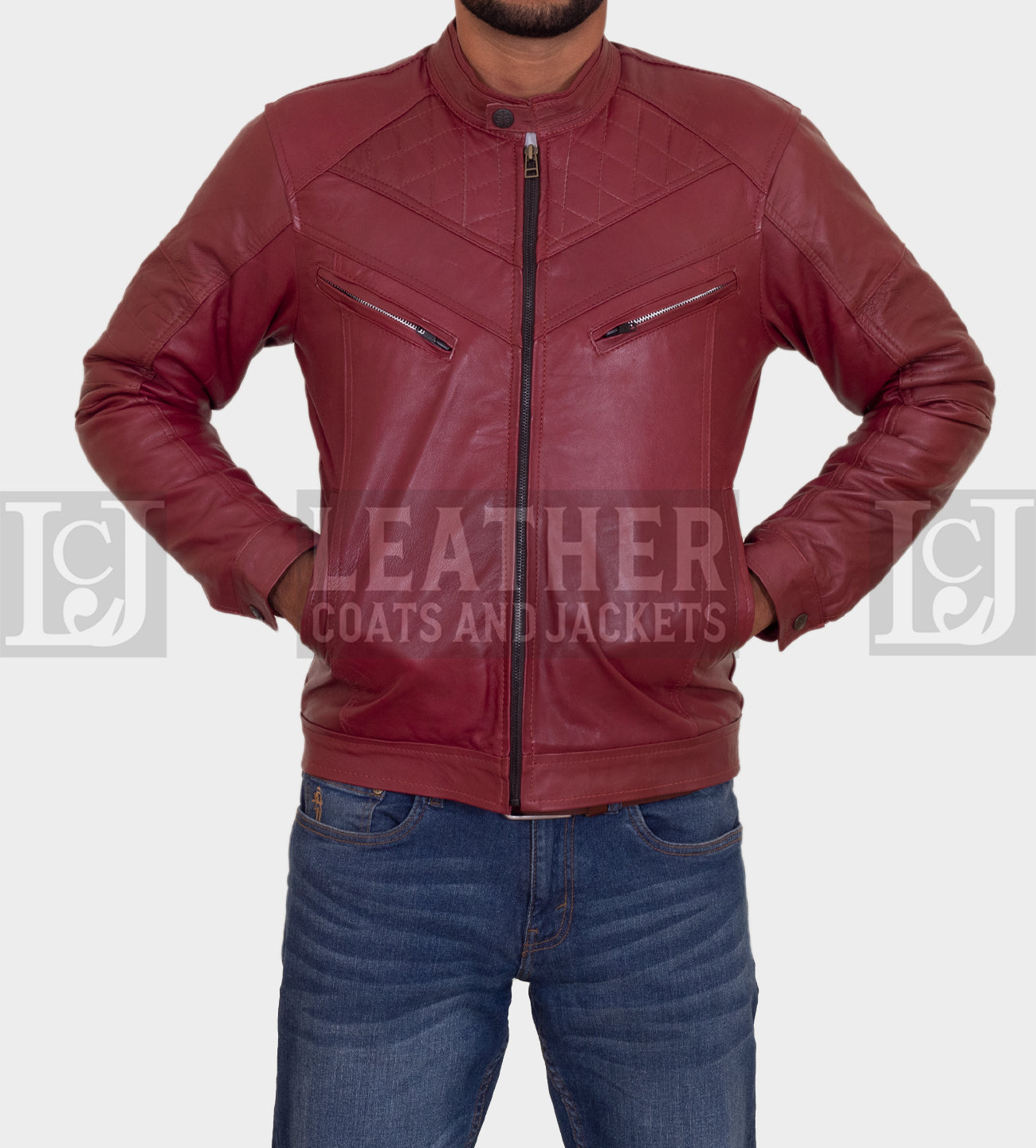 Men's Maroon Quilted Leather Jacket with Snap Collar and Zipper Pockets