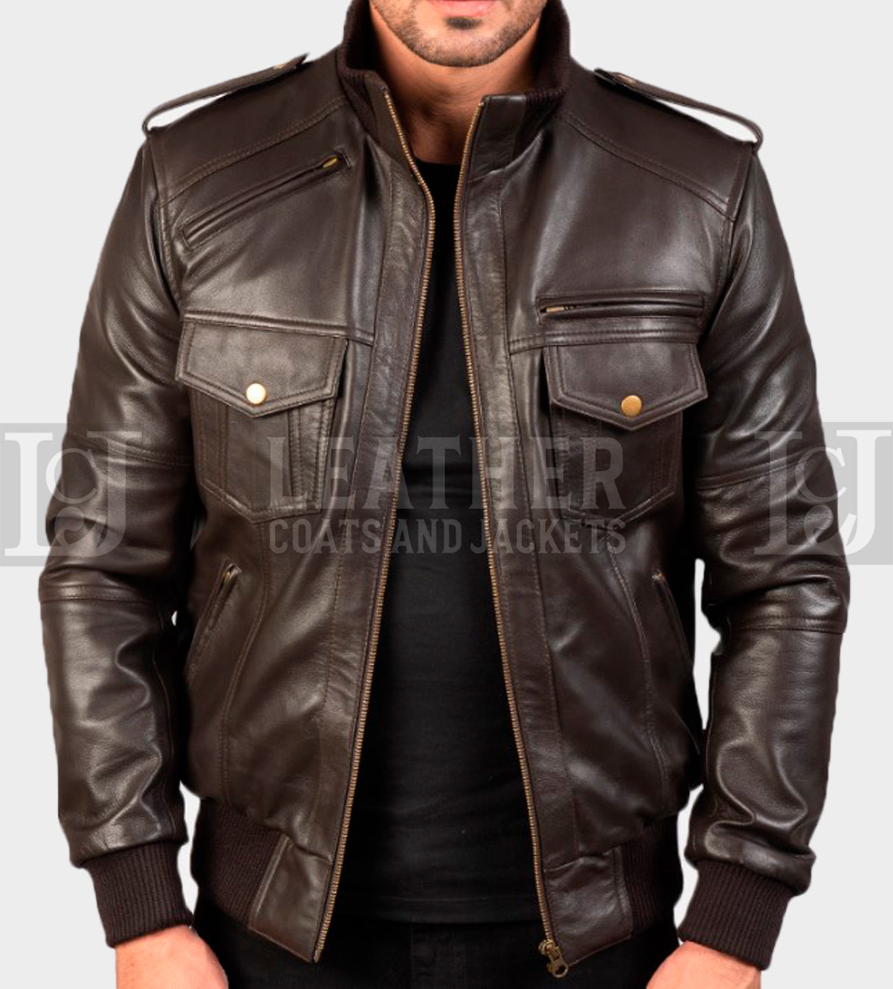 Men's Chocolate Brown Leather Bomber Jacket with Ribbed Collar and Hem