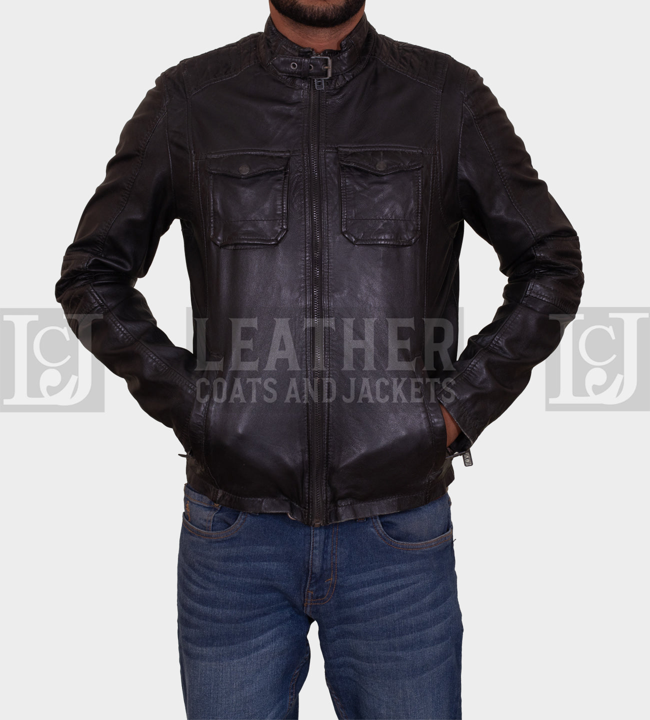 Men's Black Leather Jacket with Buckled Neck Straps and Quilted Detailing