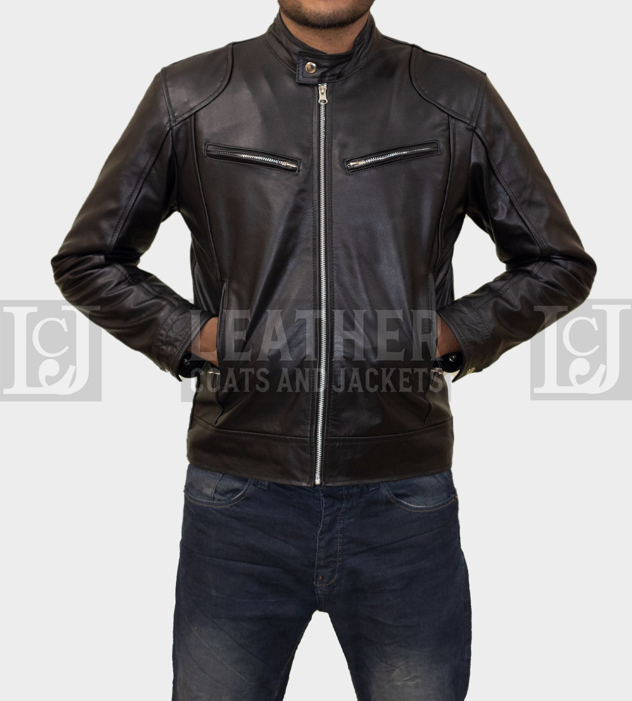 Men's Black Leather Jacket - Sleek Design with Zipper Accents