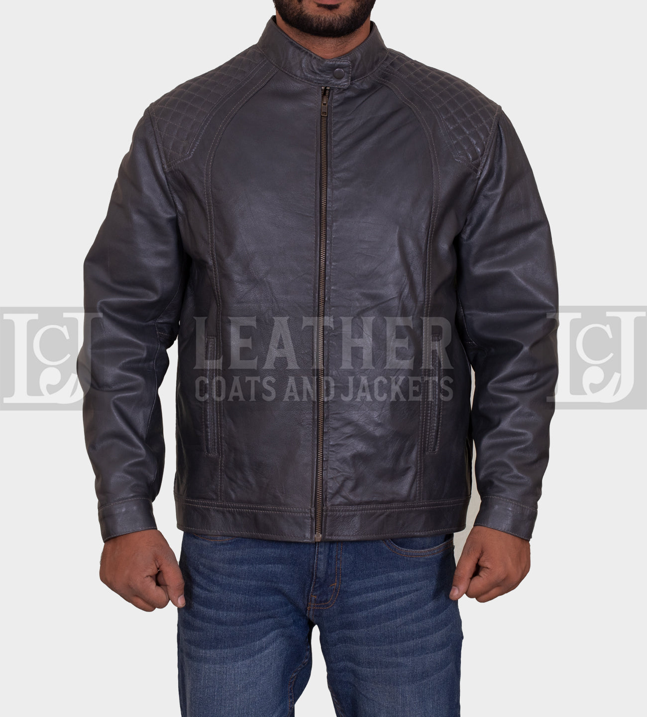 Men's Grey Leather Jacket with Quilted Shoulders and Sleek Design