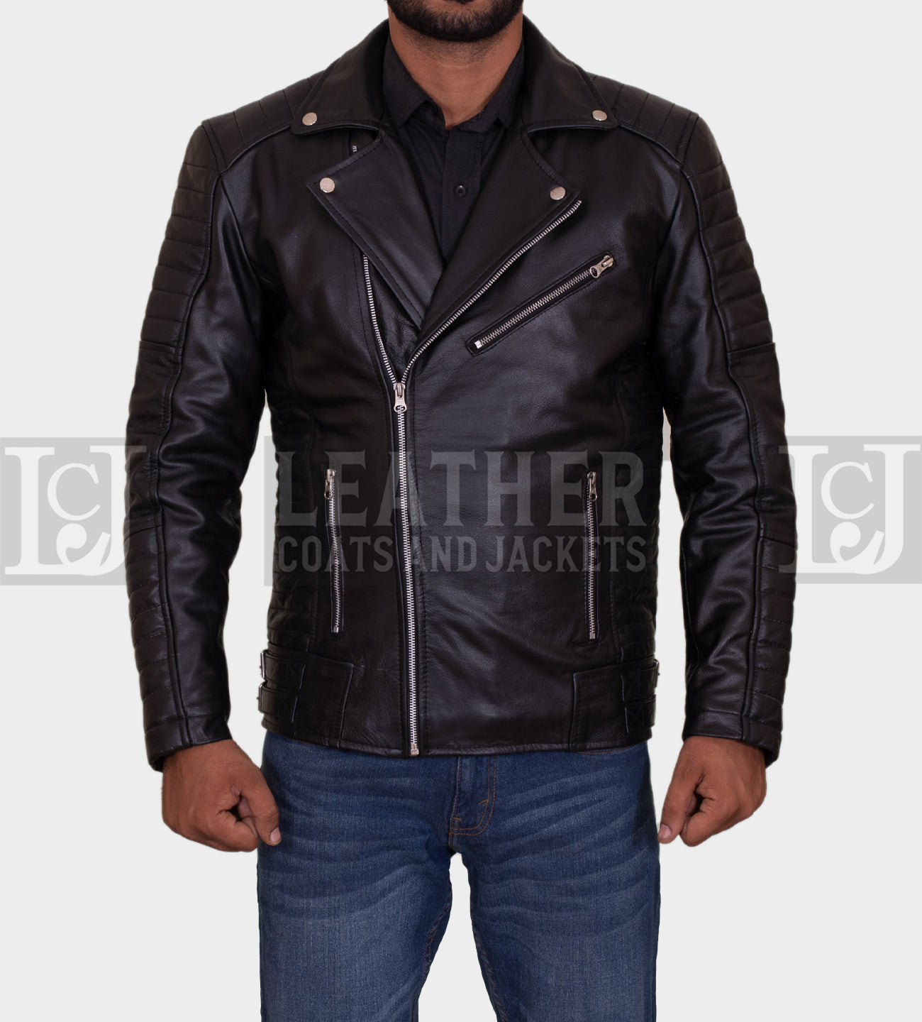 Black Quilted Leather Jacket with Asymmetrical Zipper Design